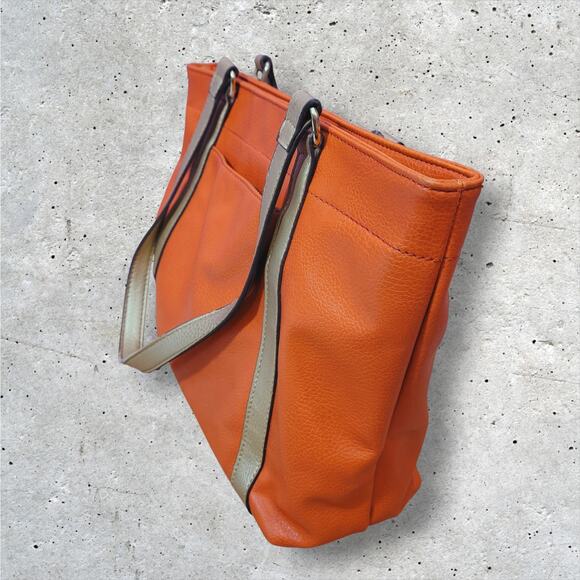 Franco Sarto Orange Faux Leather Handbag Tote Bag Style Purse 3 Compartment - Picture 3 of 9